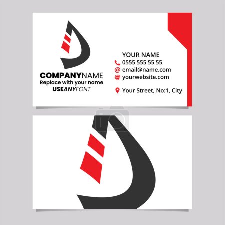 Illustration for Red and Black Business Card Template with Striped Letter D Logo Icon Over a Light Grey Background - Royalty Free Image