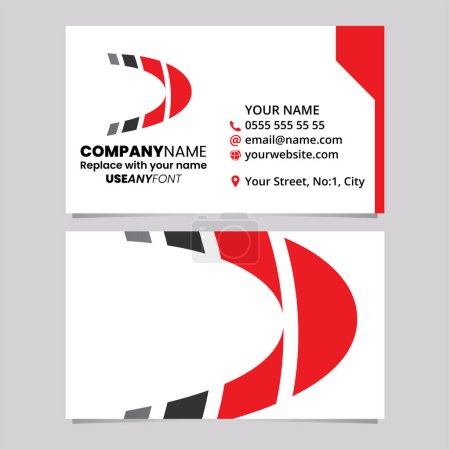 Téléchargez les illustrations : Modèle de carte de visite rouge et noire avec icône rayée du logo de la lettre D sur un fond gris clair - en licence libre de droit
