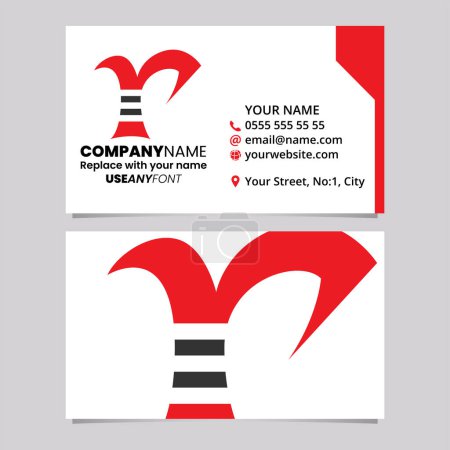 Téléchargez les illustrations : Modèle de carte de visite rouge et noire avec icône rayée du logo de la lettre R sur un fond gris clair - en licence libre de droit
