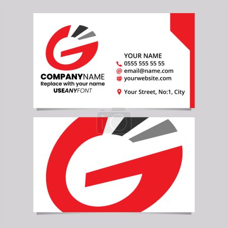 Ilustración de Plantilla de tarjeta de visita roja y negra con icono de logotipo de letra G ovalada rayada sobre un fondo gris claro - Imagen libre de derechos