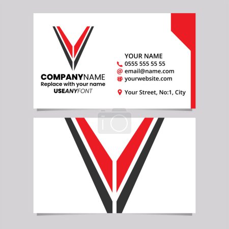 Téléchargez les illustrations : Modèle de carte de visite rouge et noire avec bande en forme de lettre V icône logo sur un fond gris clair - en licence libre de droit