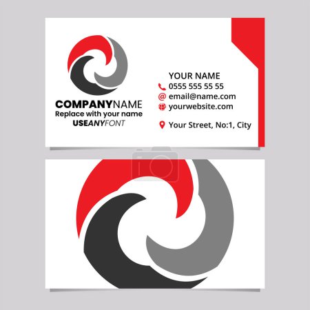 Illustration for Red and Black Business Card Template with Wave Shaped Letter O Logo Icon Over a Light Grey Background - Royalty Free Image