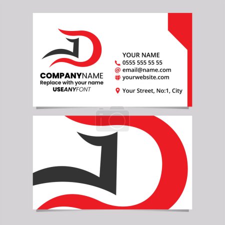 Ilustración de Plantilla de tarjeta de visita roja y negra con el icono ondulado de la letra D curvada sobre un fondo gris claro - Imagen libre de derechos
