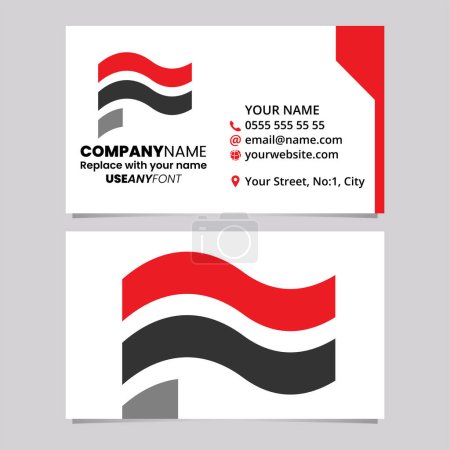 Ilustración de Plantilla de tarjeta de visita roja y negra con bandera ondulada en forma de letra F icono del logotipo sobre un fondo gris claro - Imagen libre de derechos