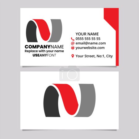Ilustración de Plantilla de tarjeta de visita roja y negra con letra ondulada N icono del logotipo sobre un fondo gris claro - Imagen libre de derechos