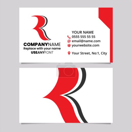 Illustration for Red and Black Business Card Template with Wavy Shaped Letter R Logo Icon Over a Light Grey Background - Royalty Free Image
