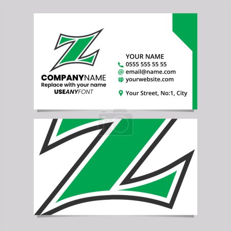 Ilustración de Plantilla de tarjeta de visita verde y negra con el icono de la letra Z en forma de arco sobre un fondo gris claro - Imagen libre de derechos