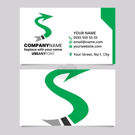 Illustration for Green and Black Business Card Template with Arrow Shaped Letter S Logo Icon Over a Light Grey Background - Royalty Free Image