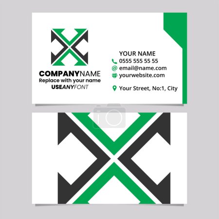 Ilustración de Plantilla de tarjeta de visita verde y negro con Arrow Square en forma de letra X icono del logotipo sobre un fondo gris claro - Imagen libre de derechos