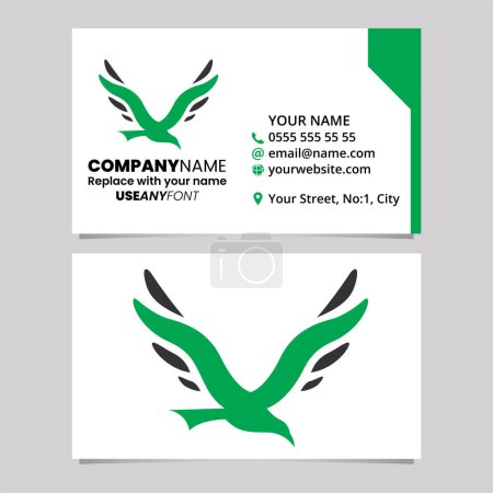 Téléchargez les illustrations : Modèle de carte de visite verte et noire avec logo en forme d'oiseau lettre V icône sur un fond gris clair - en licence libre de droit