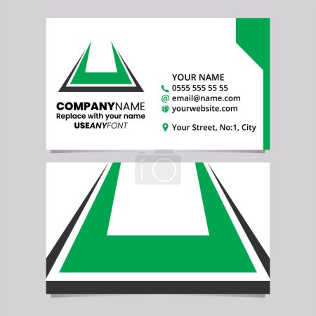 Téléchargez les illustrations : Modèle de carte de visite vert et noir avec lettre en forme de pointes audacieuses U logo icône sur un fond gris clair - en licence libre de droit