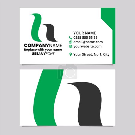 Ilustración de Plantilla de tarjeta de visita verde y negro con letra caligráfica H icono del logotipo sobre un fondo gris claro - Imagen libre de derechos