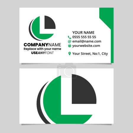Téléchargez les illustrations : Modèle de carte de visite verte et noire avec cercle en forme de lettre L Logo icône sur un fond gris clair - en licence libre de droit
