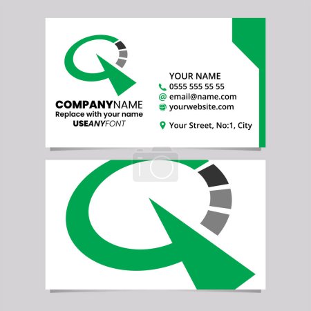 Téléchargez les illustrations : Modèle de carte de visite verte et noire avec lettre en forme d'horloge Q logo icône sur un fond gris clair - en licence libre de droit