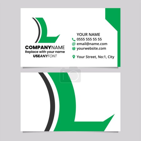 Téléchargez les illustrations : Modèle de carte de visite verte et noire avec lentille concave en forme de lettre L Logo icône sur un fond gris clair - en licence libre de droit