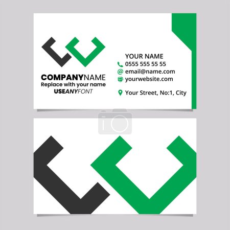 Ilustración de Plantilla de tarjeta de visita verde y negro con la letra en forma de esquina W icono del logotipo sobre un fondo gris claro - Imagen libre de derechos