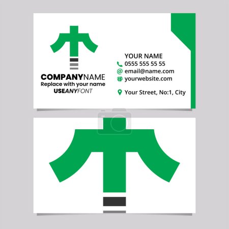 Illustration for Green and Black Business Card Template with Cross Shaped Letter T Logo Icon Over a Light Grey Background - Royalty Free Image