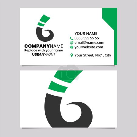 Ilustración de Plantilla de tarjeta de visita verde y negra con icono de logotipo de letra B en forma de espiga rizada sobre un fondo gris claro - Imagen libre de derechos