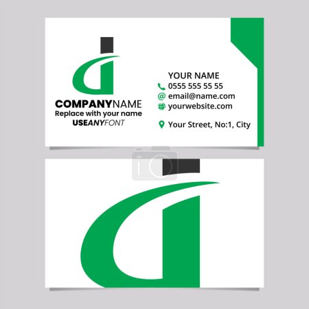 Téléchargez les illustrations : Modèle de carte de visite vert et noir avec courbure pointu lettre D icône logo sur un fond gris clair - en licence libre de droit