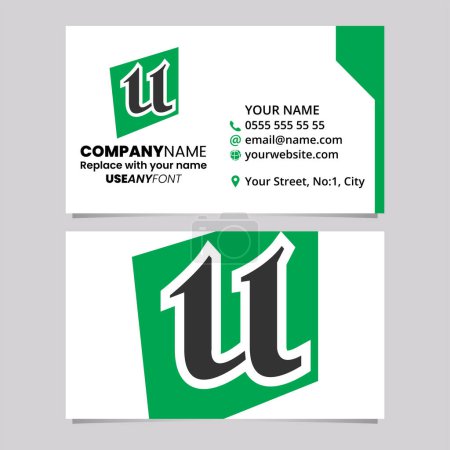 Téléchargez les illustrations : Modèle de carte de visite vert et noir avec forme carrée déformée lettre U logo icône sur un fond gris clair - en licence libre de droit