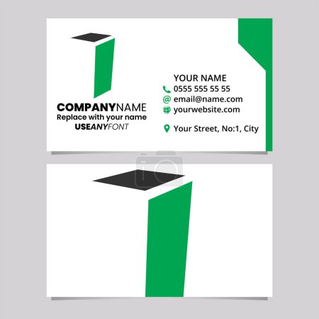 Téléchargez les illustrations : Modèle de carte de visite verte et noire avec icône pliée de logo de la lettre I sur un fond gris clair - en licence libre de droit