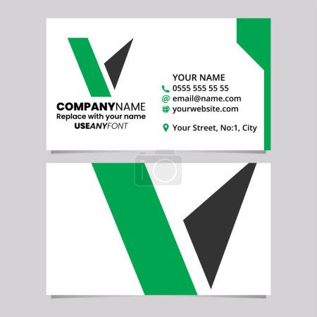 Téléchargez les illustrations : Modèle de carte de visite verte et noire avec icône géométrique du logo de la lettre V sur un fond gris clair - en licence libre de droit
