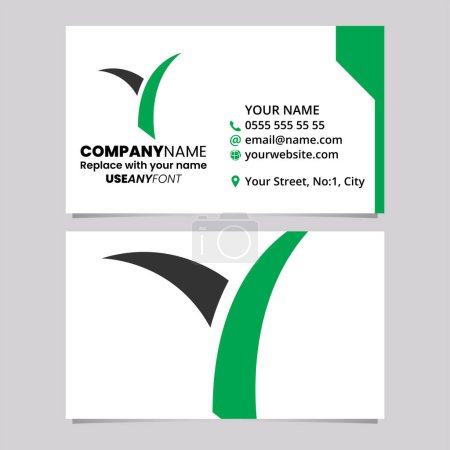 Ilustración de Plantilla de tarjeta de visita verde y negra con icono de letra Y en forma de hierba sobre un fondo gris claro - Imagen libre de derechos