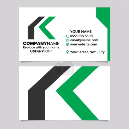 Ilustración de Plantilla de tarjeta de visita verde y negro con letra plegada K icono del logotipo sobre un fondo gris claro - Imagen libre de derechos