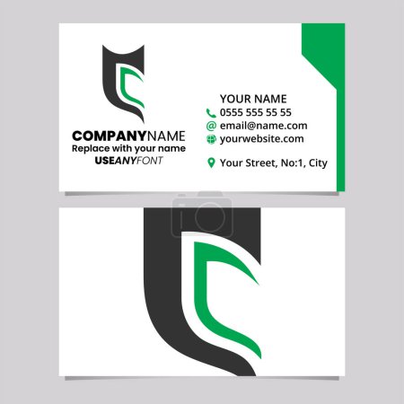 Illustration for Green and Black Business Card Template with Half Shield Shaped Letter C Logo Icon Over a Light Grey Background - Royalty Free Image