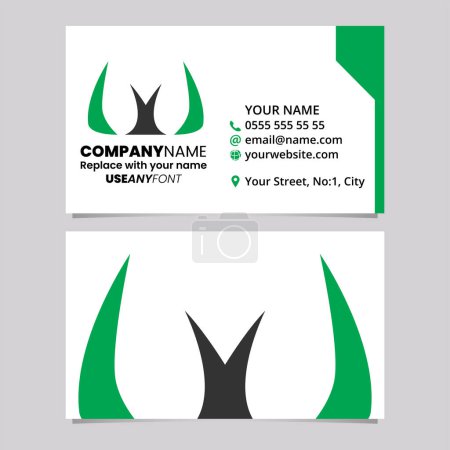 Illustration for Green and Black Business Card Template with Horn Shaped Letter W Logo Icon Over a Light Grey Background - Royalty Free Image