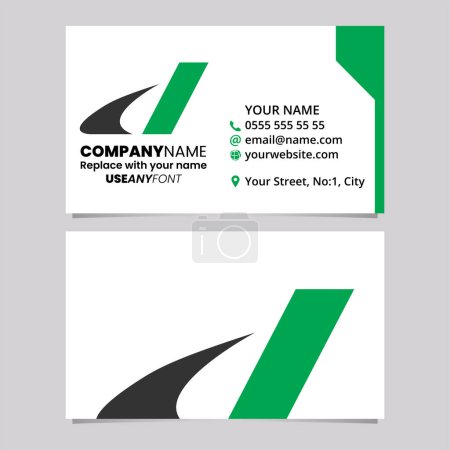 Ilustración de Plantilla de tarjeta de visita verde y negra con icono de la letra D de Italic Swooshy sobre un fondo gris claro - Imagen libre de derechos