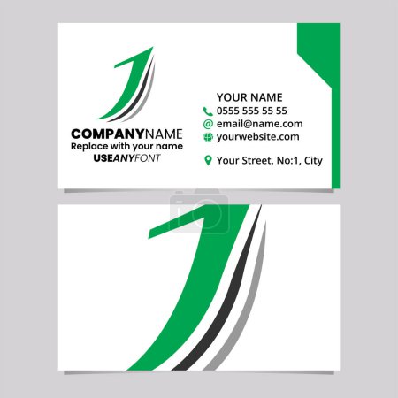 Ilustración de Plantilla de tarjeta de visita verde y negro con la letra en capas J icono del logotipo sobre un fondo gris claro - Imagen libre de derechos