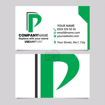 Téléchargez les illustrations : Modèle de carte de visite verte et noire avec une icône de logo P en couches sur un fond gris clair - en licence libre de droit