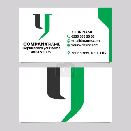 Téléchargez les illustrations : Modèle de carte de visite vert et noir avec lettre minuscule Y logo icône sur un fond gris clair - en licence libre de droit