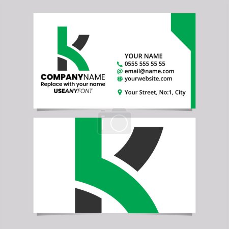 Ilustración de Plantilla de tarjeta de visita verde y negro con superposición en forma de letra K icono del logotipo sobre un fondo gris claro - Imagen libre de derechos