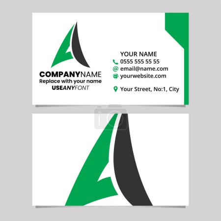 Illustration for Green and Black Business Card Template with Paper Plane Shaped Letter A Logo Icon Over a Light Grey Background - Royalty Free Image