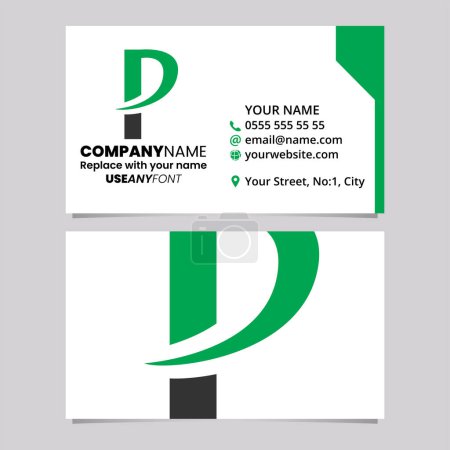Ilustración de Plantilla de tarjeta de visita verde y negro con el icono de la letra P con punta puntiaguda sobre un fondo gris claro - Imagen libre de derechos