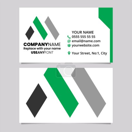 Téléchargez les illustrations : Modèle de carte de visite verte et noire avec rectangle lettre M logo icône sur un fond gris clair - en licence libre de droit