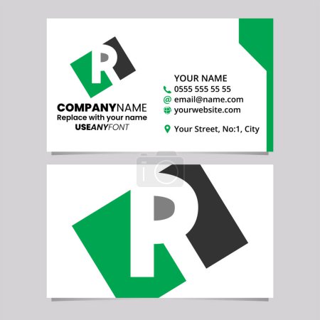 Téléchargez les illustrations : Modèle de carte de visite verte et noire avec lettre rectangulaire R Logo icône sur un fond gris clair - en licence libre de droit