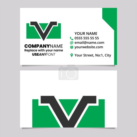 Téléchargez les illustrations : Modèle de carte de visite verte et noire avec logo en forme de rectangle lettre V icône sur un fond gris clair - en licence libre de droit