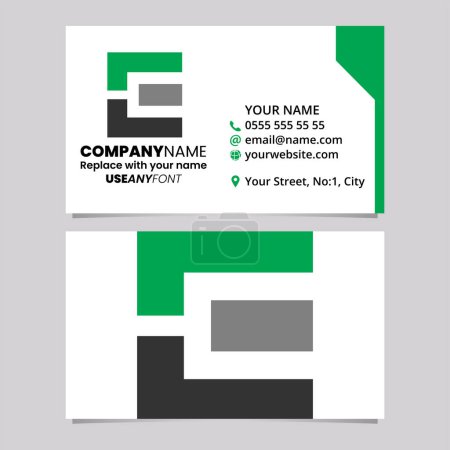 Téléchargez les illustrations : Modèle de carte de visite verte et noire avec icône rectangulaire de logo de la lettre E sur un fond gris clair - en licence libre de droit