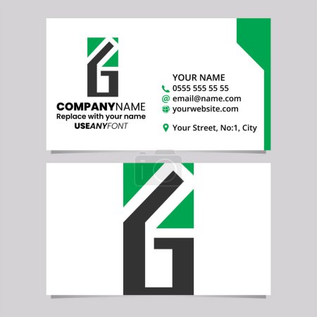 Téléchargez les illustrations : Modèle de carte de visite verte et noire avec icône rectangulaire de logo de la lettre G sur un fond gris clair - en licence libre de droit