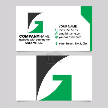 Ilustración de Plantilla de tarjeta de visita verde y negra con icono de letra G rectangular sobre un fondo gris claro - Imagen libre de derechos