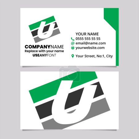 Ilustración de Plantilla de tarjeta de visita verde y negro con letra rectangular U Logo Icono sobre un fondo gris claro - Imagen libre de derechos
