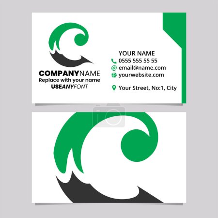Illustration for Green and Black Business Card Template with Round Curly Letter C Logo Icon Over a Light Grey Background - Royalty Free Image