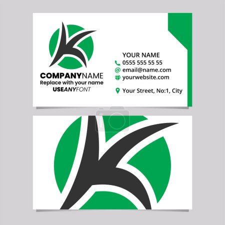 Téléchargez les illustrations : Modèle de carte de visite verte et noire avec lettre pointue ronde K logo icône sur un fond gris clair - en licence libre de droit