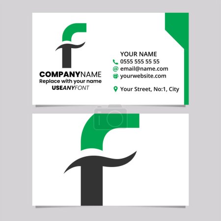 Ilustración de Plantilla de tarjeta de visita verde y negra con icono de letra F en forma de espiga redonda sobre un fondo gris claro - Imagen libre de derechos