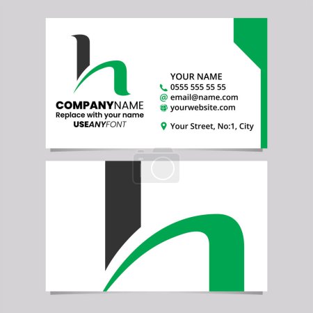 Ilustración de Plantilla de tarjeta de visita verde y negro con letra redonda en forma de espiga H icono del logotipo sobre un fondo gris claro - Imagen libre de derechos