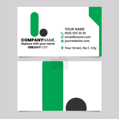 Téléchargez les illustrations : Modèle de carte de visite verte et noire avec icône arrondie du logo de la lettre L sur un fond gris clair - en licence libre de droit