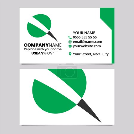 Illustration for Green and Black Business Card Template with Screw Shaped Letter Q Logo Icon Over a Light Grey Background - Royalty Free Image